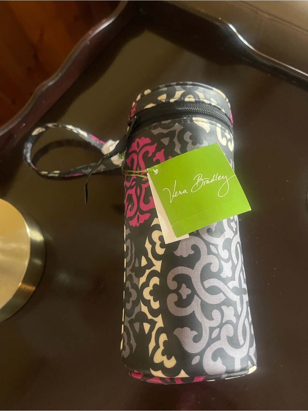 Vera Bradley Black, Pink & Cream Patterned Insulated Bottle Tote